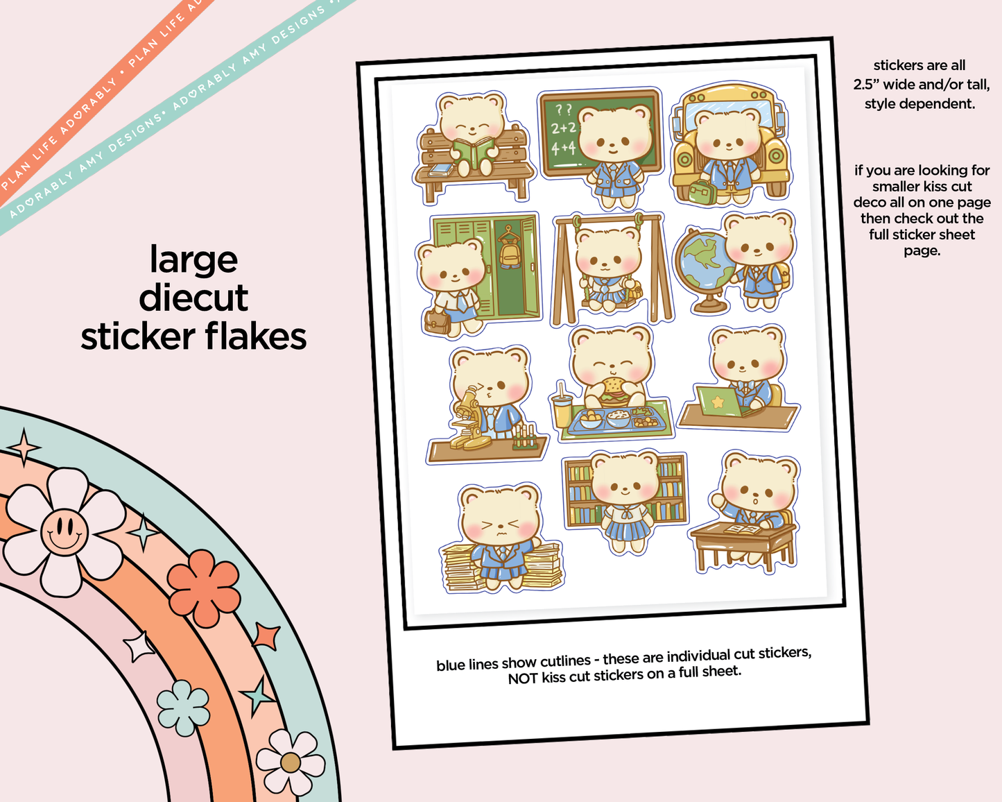 Kawaii Back to School Bears Deco Samplers in 3 Sizes Decorative Planner Stickers