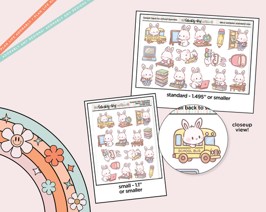 Kawaii Back to School Bunnies Deco Samplers in 3 Sizes Decorative Planner Stickers - Adorably Amy Designs