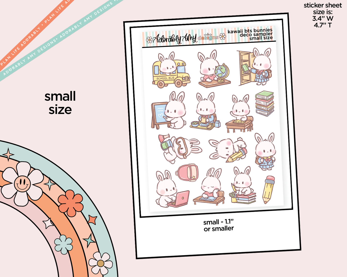 Kawaii Back to School Bunnies Deco Samplers in 3 Sizes Decorative Planner Stickers