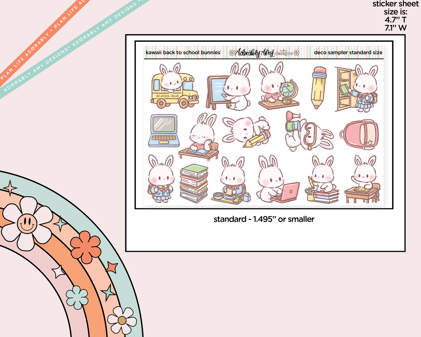 Kawaii Back to School Bunnies Deco Samplers in 3 Sizes Decorative Planner Stickers