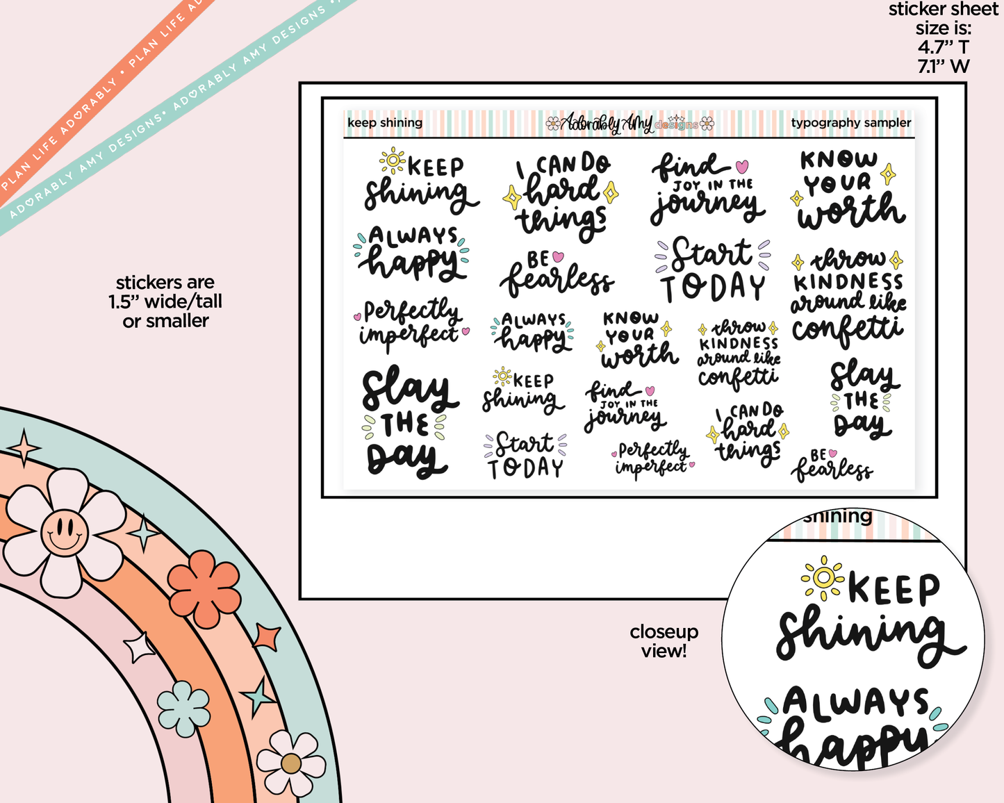 Keep Shining Motivational Deco Typography Sampler Planner Stickers