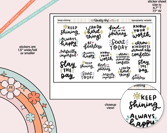 Keep Shining Motivational Deco Typography Sampler Planner Stickers - Adorably Amy Designs