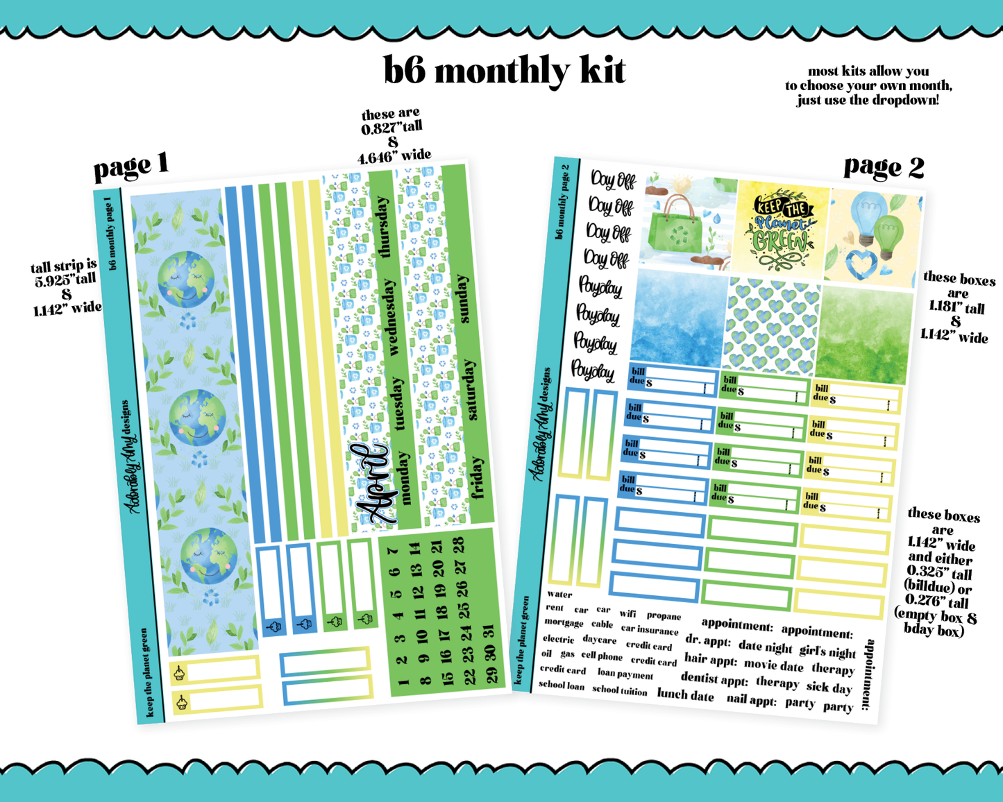 Standard B6 Monthly Pick Your Month Keep the Planet Green Watercolor Planner Sticker Kit for some B6 Planners