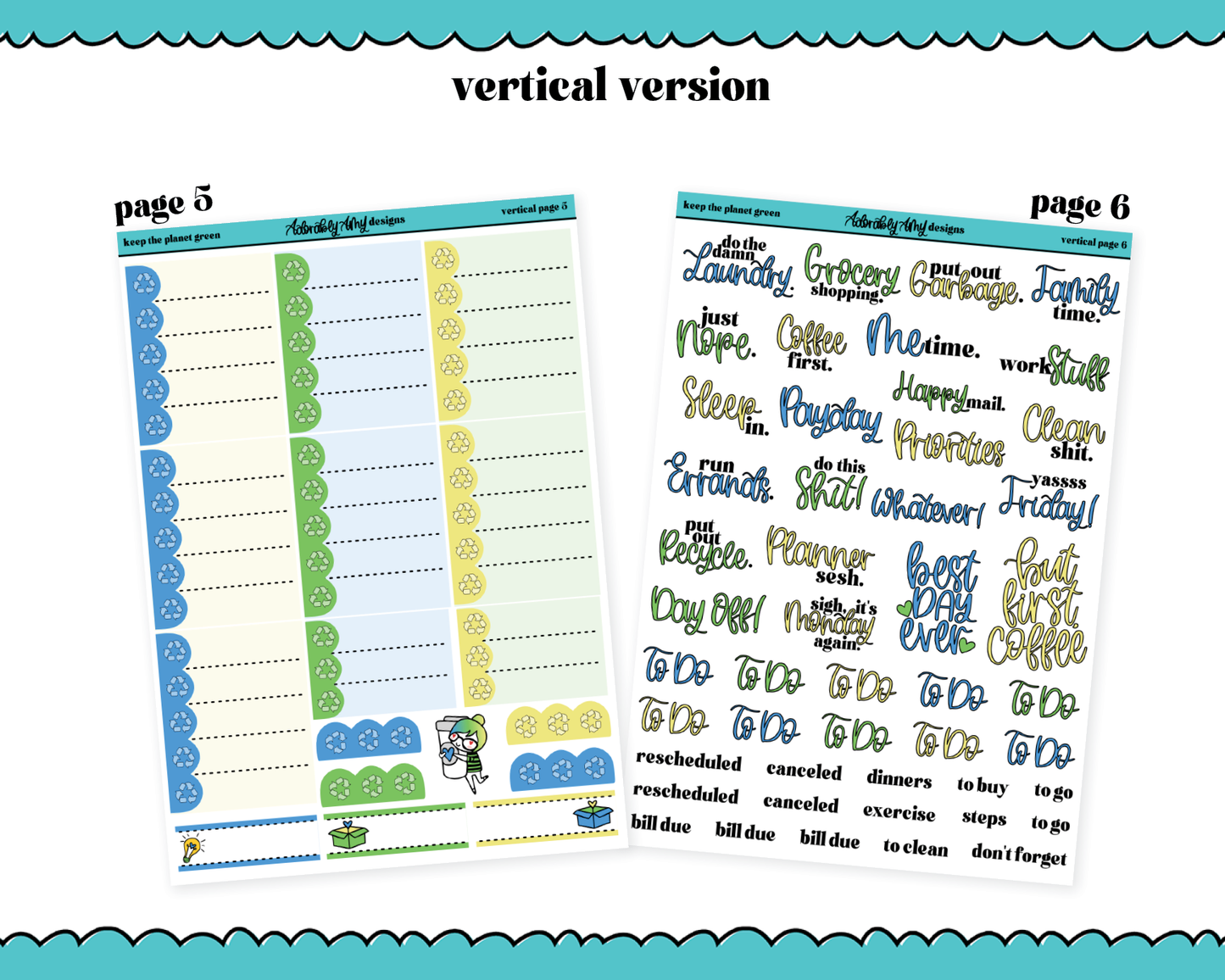 Vertical Keep the Planet Green Watercolor Planner Sticker Kit for Vertical Standard Size Planners or Inserts