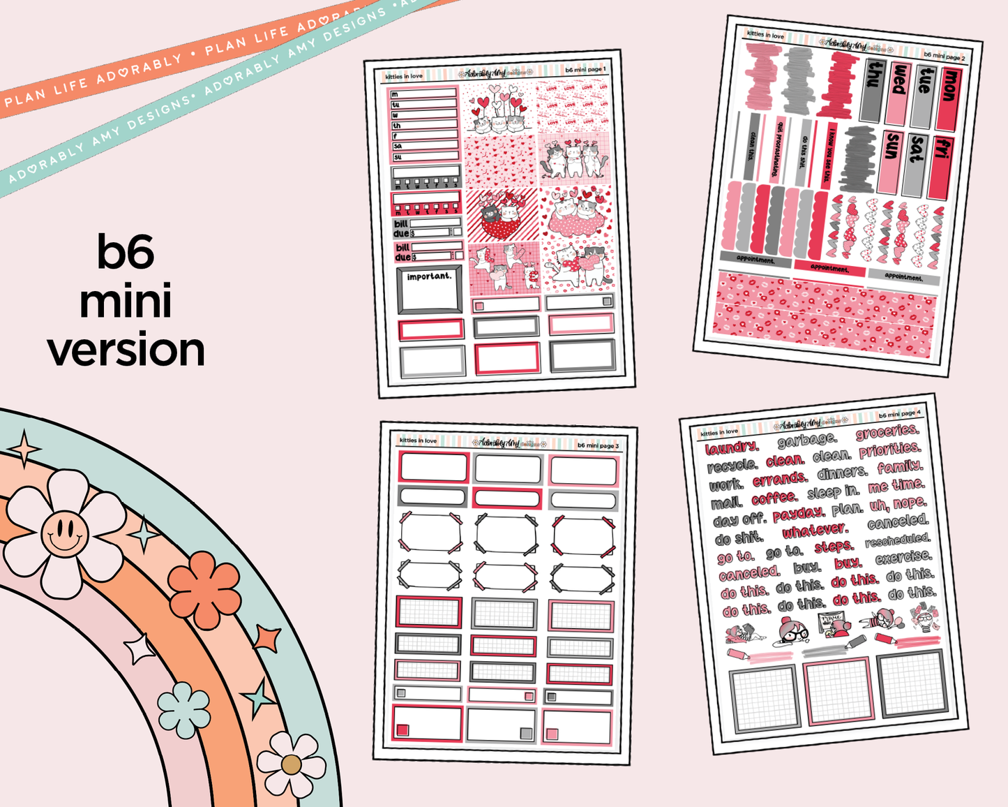 Mini B6 Kitties in Love Planner Sticker Kit sized for ANY Vertical Insert