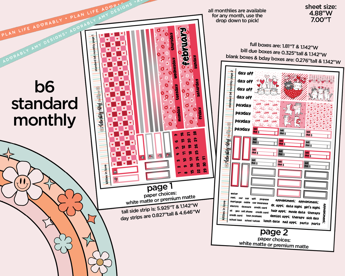 Standard B6 Monthly Pick Your Month Kitties in Love Planner Sticker Kit for some B6 Planners