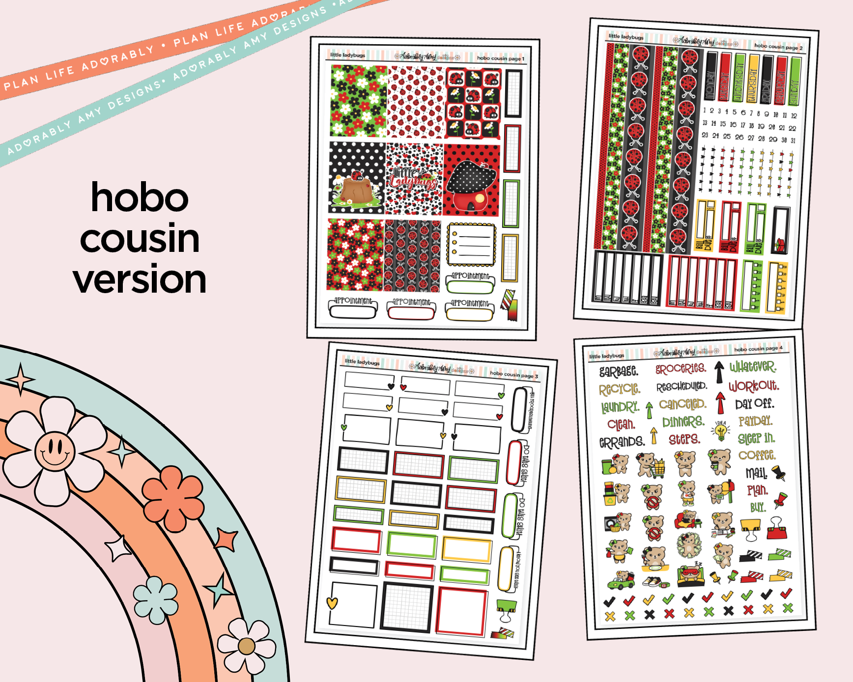 Hobonichi Cousin Weekly Little Ladybugs Planner Sticker Kit for Hobo Cousin or Similar Planners - Adorably Amy Designs
