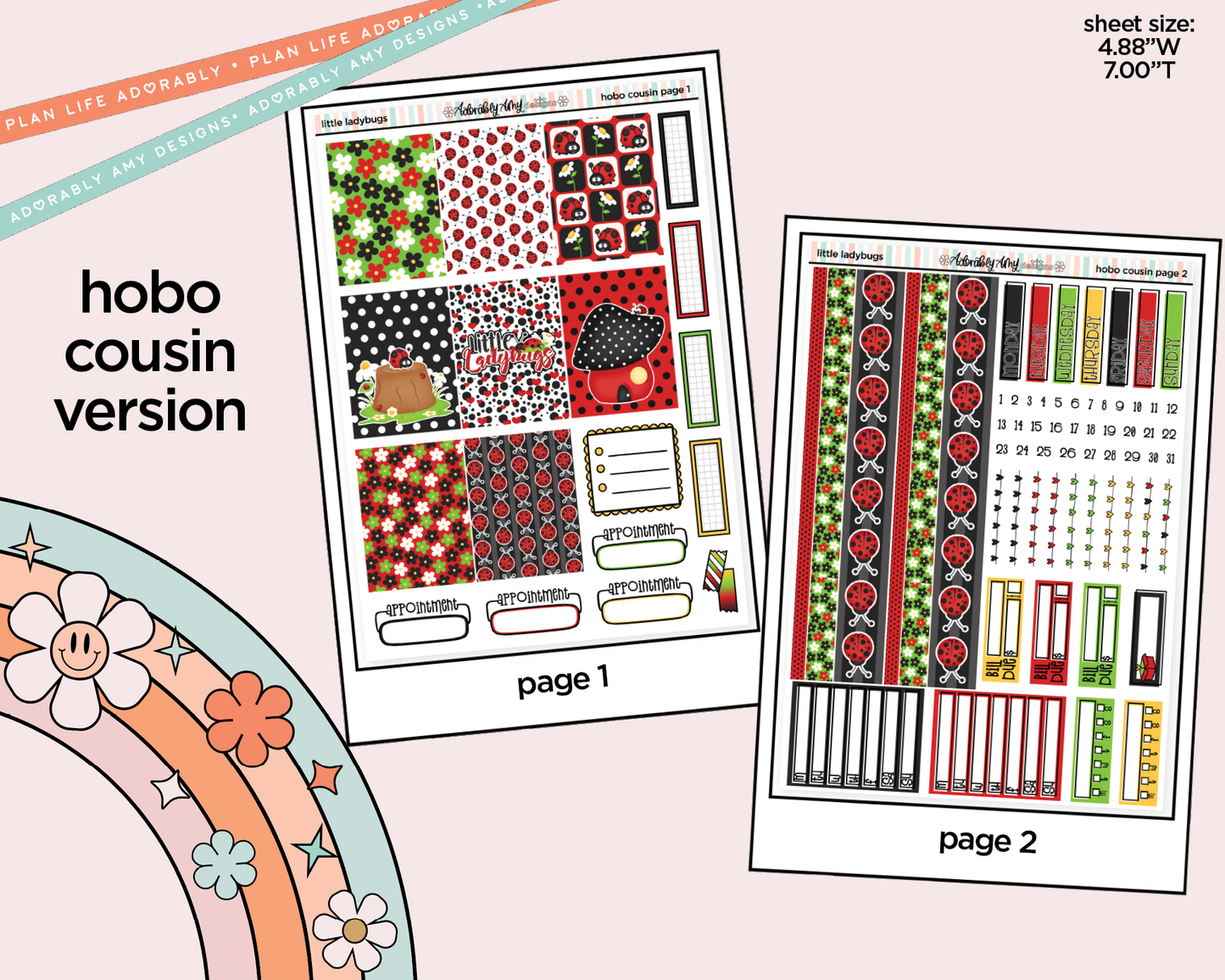 Hobonichi Cousin Weekly Little Ladybugs Planner Sticker Kit for Hobo Cousin or Similar Planners - Adorably Amy Designs
