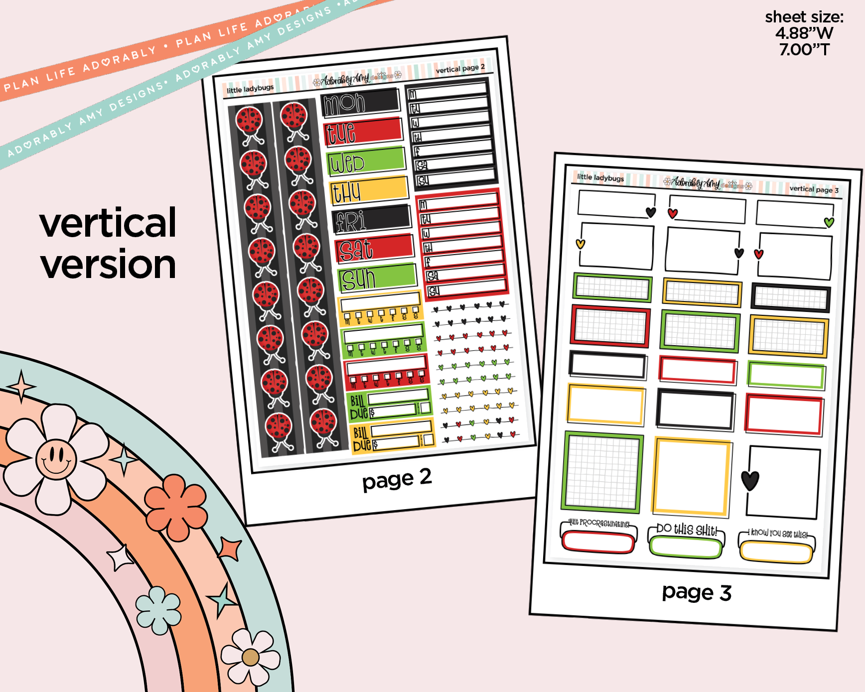 Vertical Little Ladybugs Sticker Kit for Vertical Standard Size Planners or Insert - Adorably Amy Designs