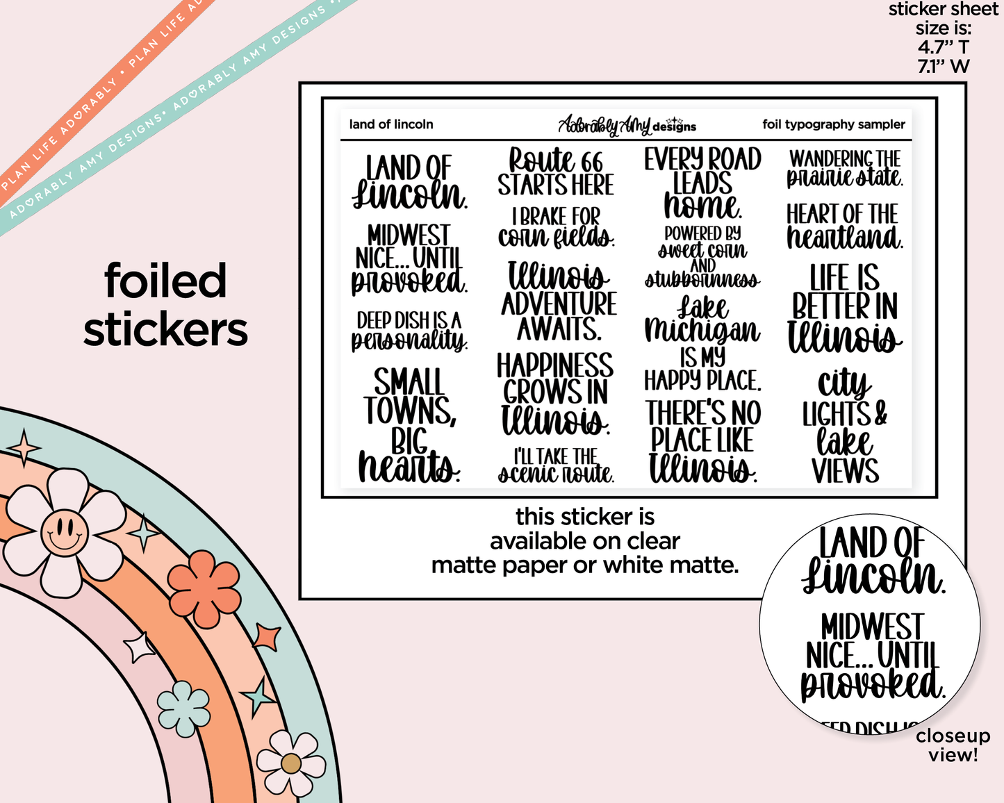 Foiled Land of Lincoln Deco Typography Sampler Planner Stickers