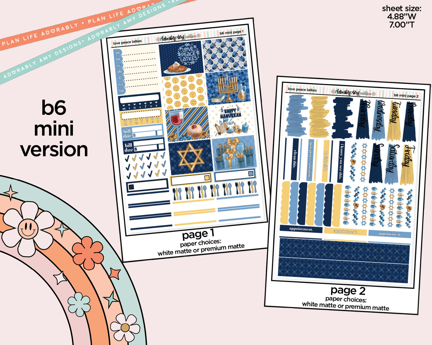 Mini B6 Love Peace Latkes Planner Sticker Kit sized for ANY Vertical Insert