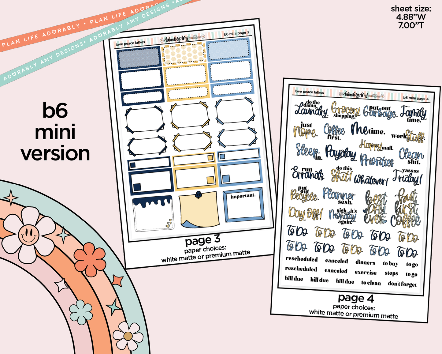 Mini B6 Love Peace Latkes Planner Sticker Kit sized for ANY Vertical Insert