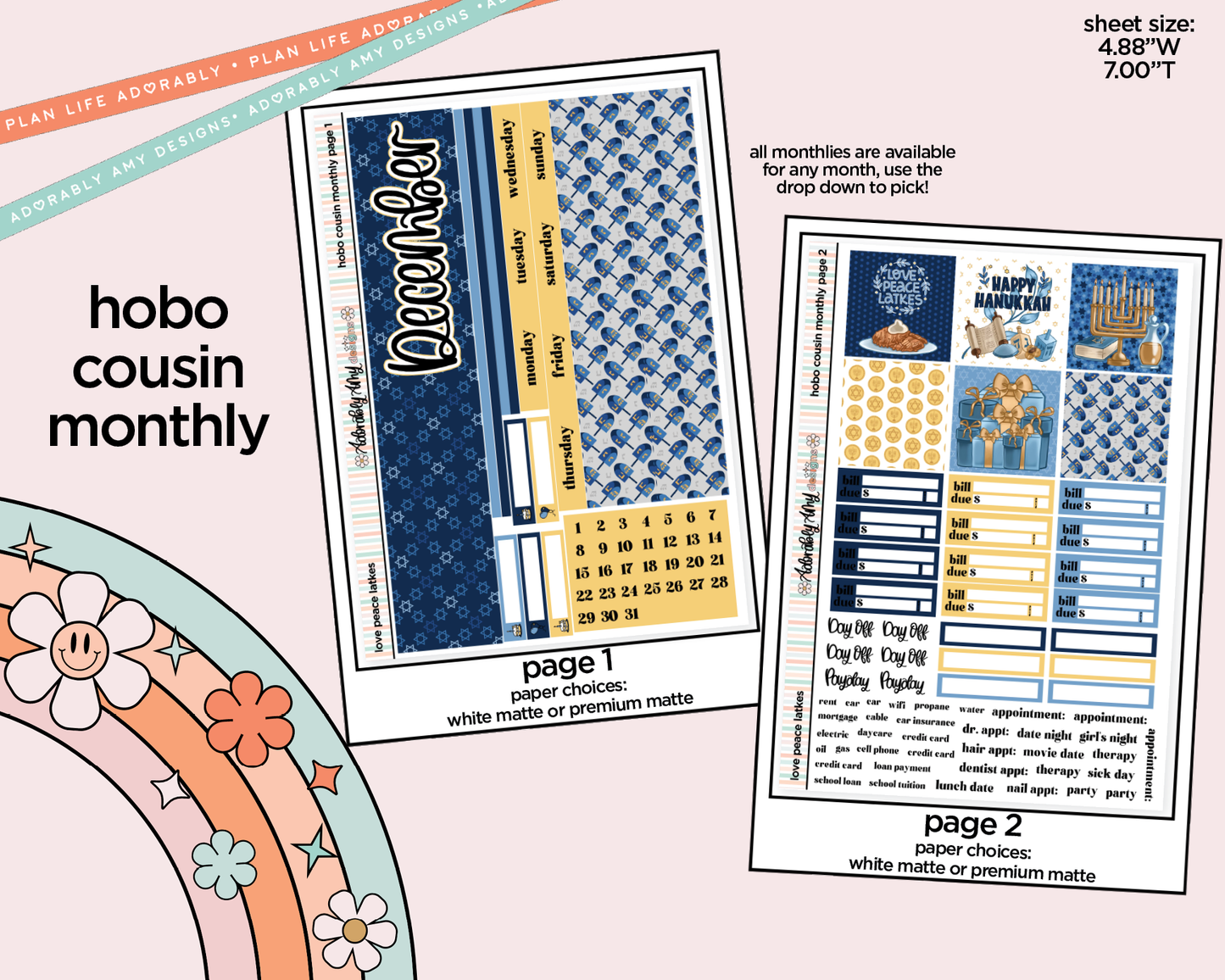 Hobonichi Cousin Monthly Pick Your Month Love Peace Latkes Planner Sticker Kit for Hobo Cousin or Similar Planners