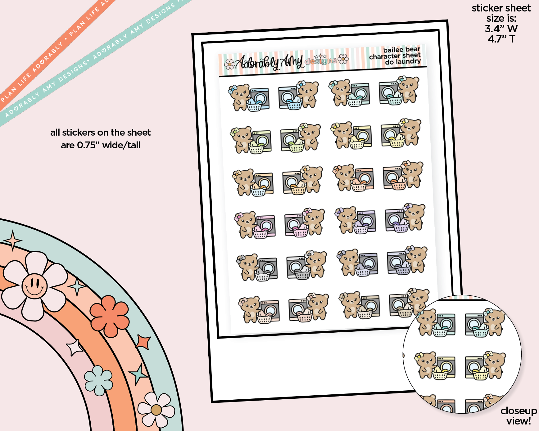 Bailee Bear Do Laundry Decoration Character Planner Stickers - Adorably Amy Designs