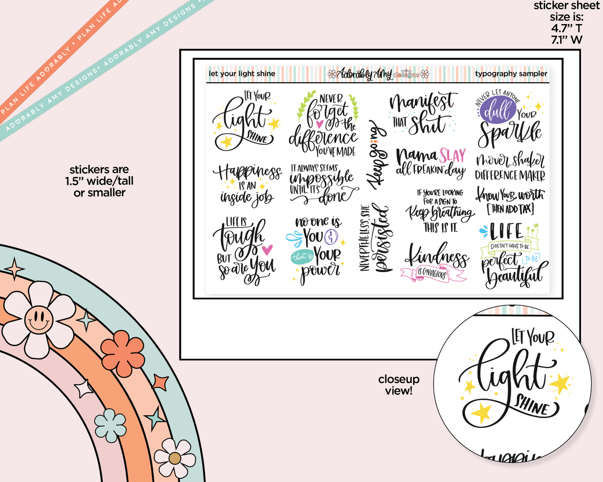 Hand Lettered Let Your Light Shine Typography Sampler Planner Stickers - Adorably Amy Designs