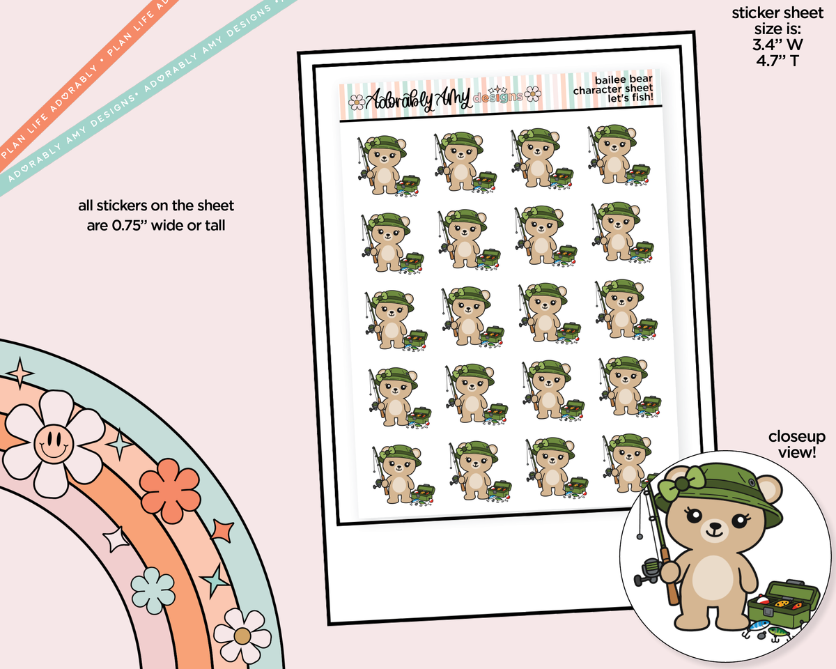 Bailee Bear Let's Fish! Decoration Character Planner Stickers - Adorably Amy Designs
