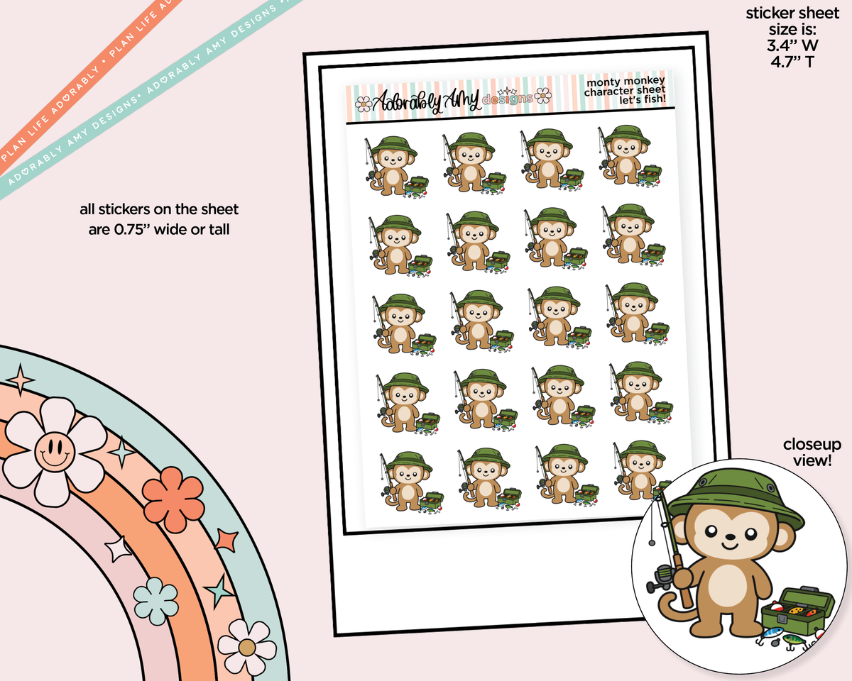 Monty the Monkey Let's Fish! Decoration Character Planner Stickers - Adorably Amy Designs