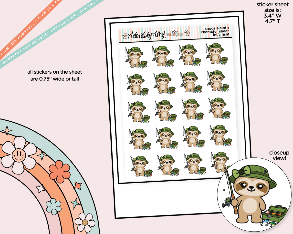 Snoozie Sloth Let's Fish! Decoration Character Planner Stickers - Adorably Amy Designs