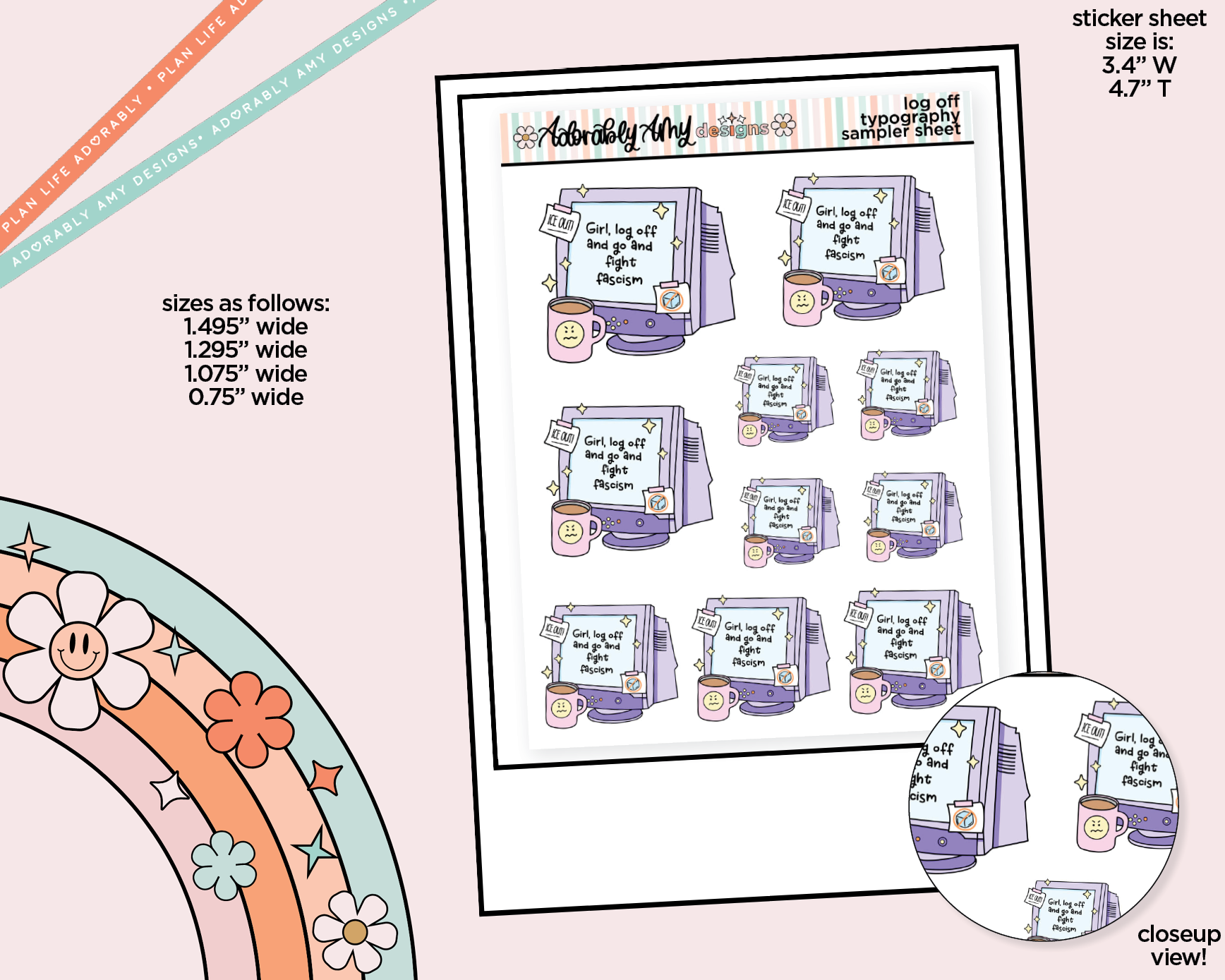 Log Off and Fight Facscim Typography Sampler Planner Stickers - Adorably Amy Designs