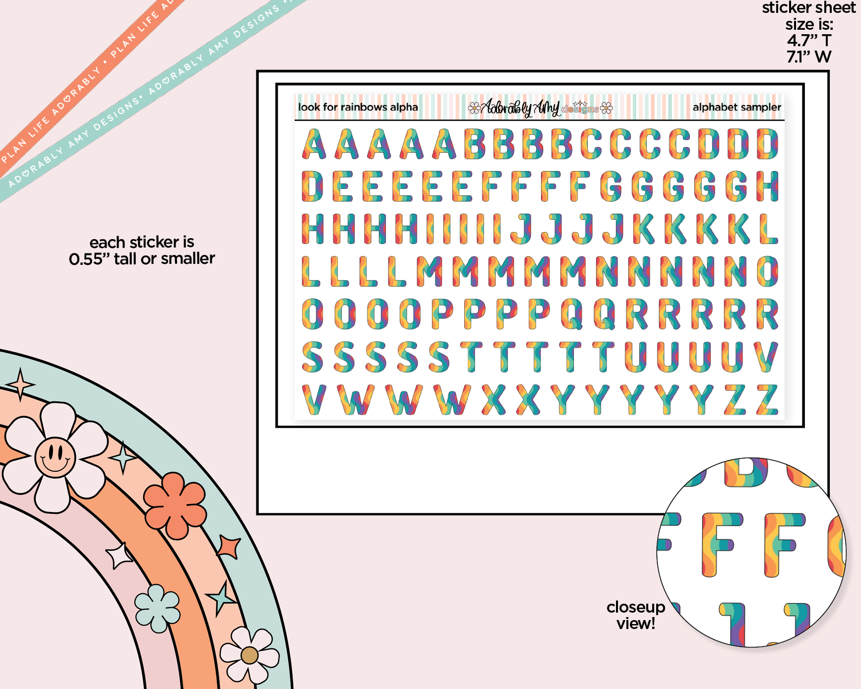 Look for Rainbows Alphabet Stickers Deco Typography Sampler Planner Stickers - Adorably Amy Designs