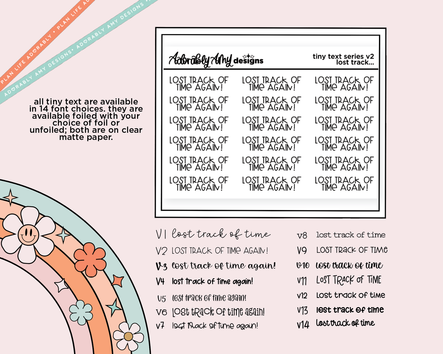 Foiled Tiny Text Series - Lost Track of Time Again Just Vibes Checklist Size Planner Sticker Sheet - Adorably Amy Designs