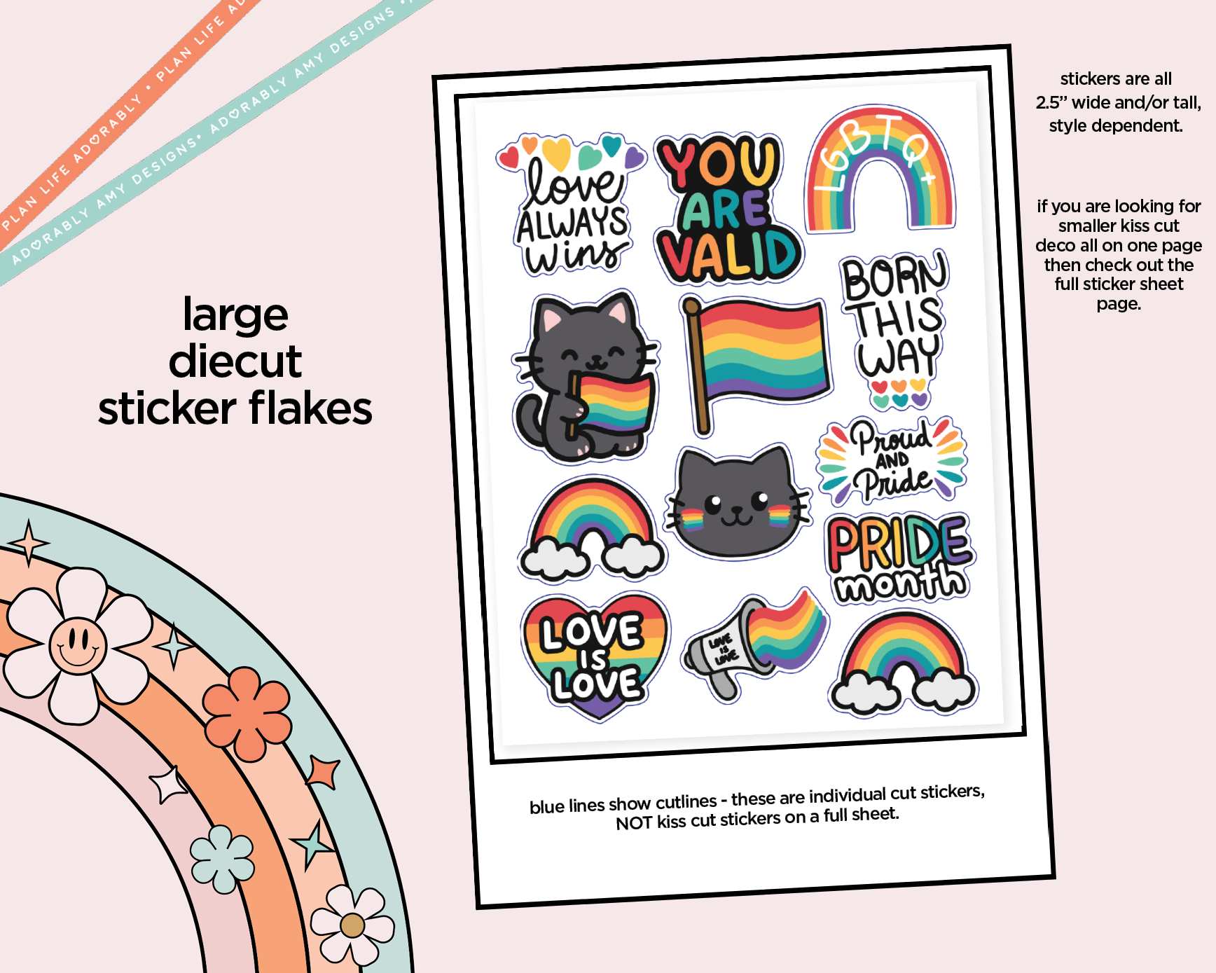 Love Always Wins Kawaii Deco Samplers in 3 Sizes Decorative Planner Stickers - Adorably Amy Designs