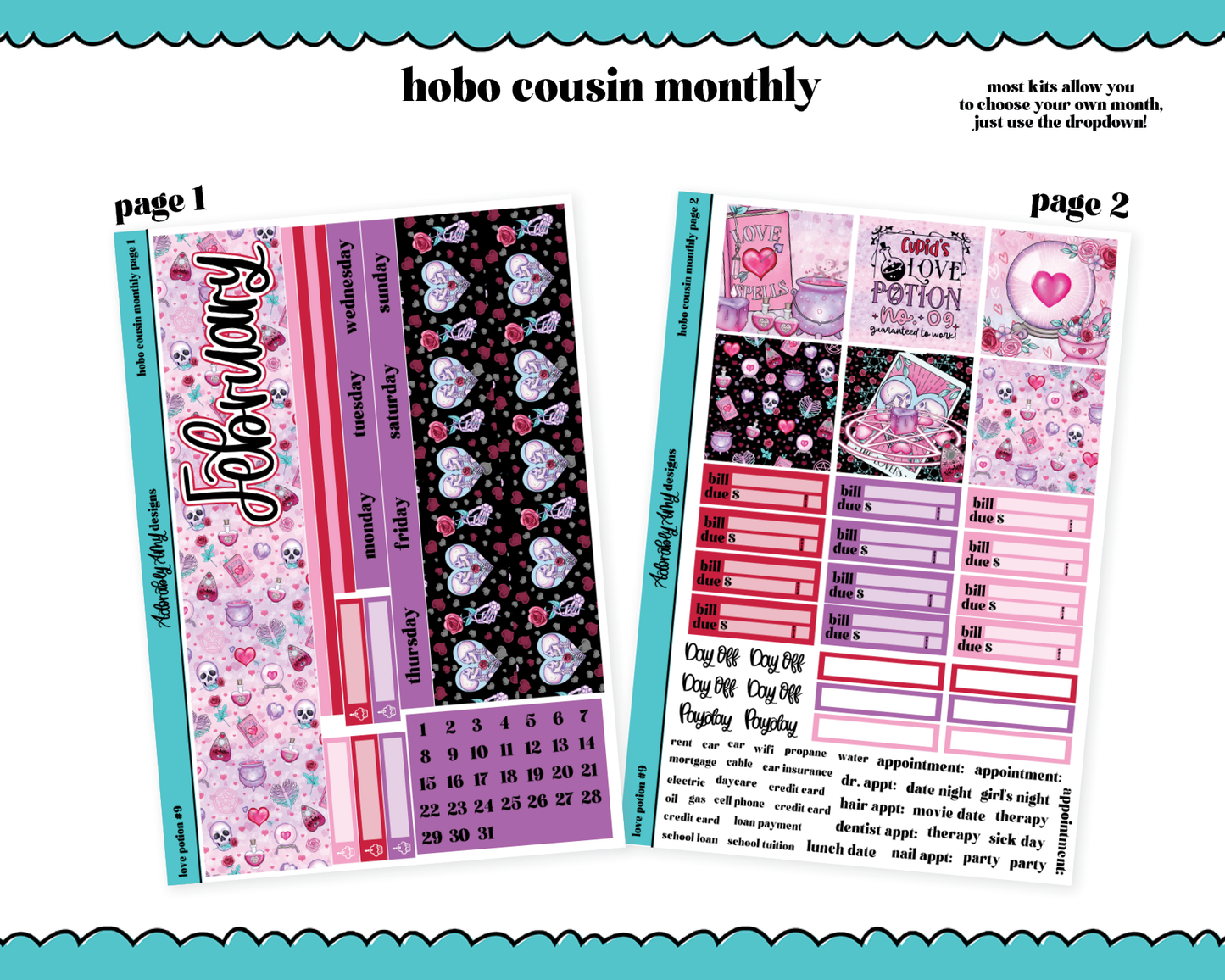Hobonichi Cousin Monthly Pick Your Month Love Potion #9 Planner Sticker Kit for Hobo Cousin or Similar Planners