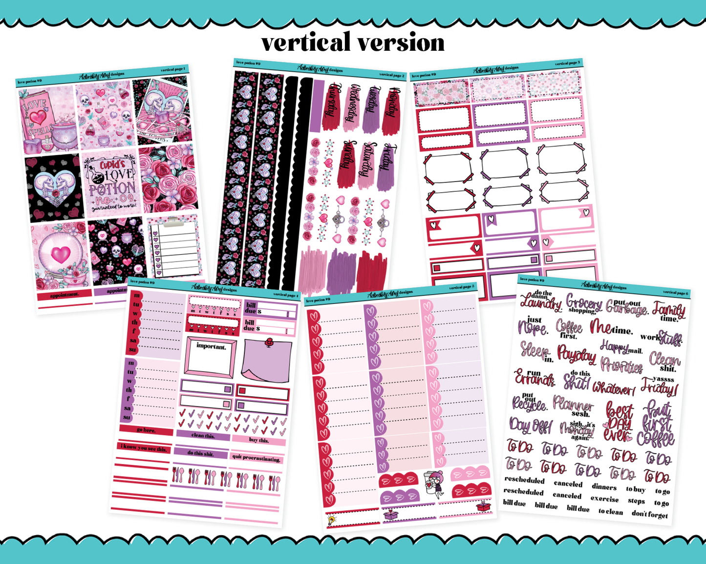 Vertical Love Potion #9 Planner Sticker Kit for Vertical Standard Size Planners or Inserts