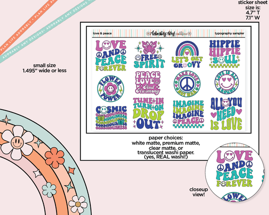 Love and Peace Deco Typography Sampler Planner Stickers