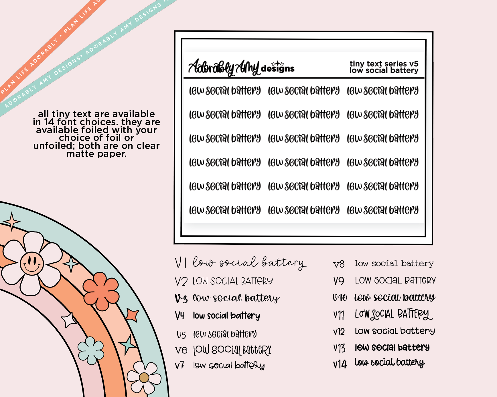 Foiled Tiny Text Series - Low Social Battery Checklist Size Planner Sticker Sheet - Adorably Amy Designs