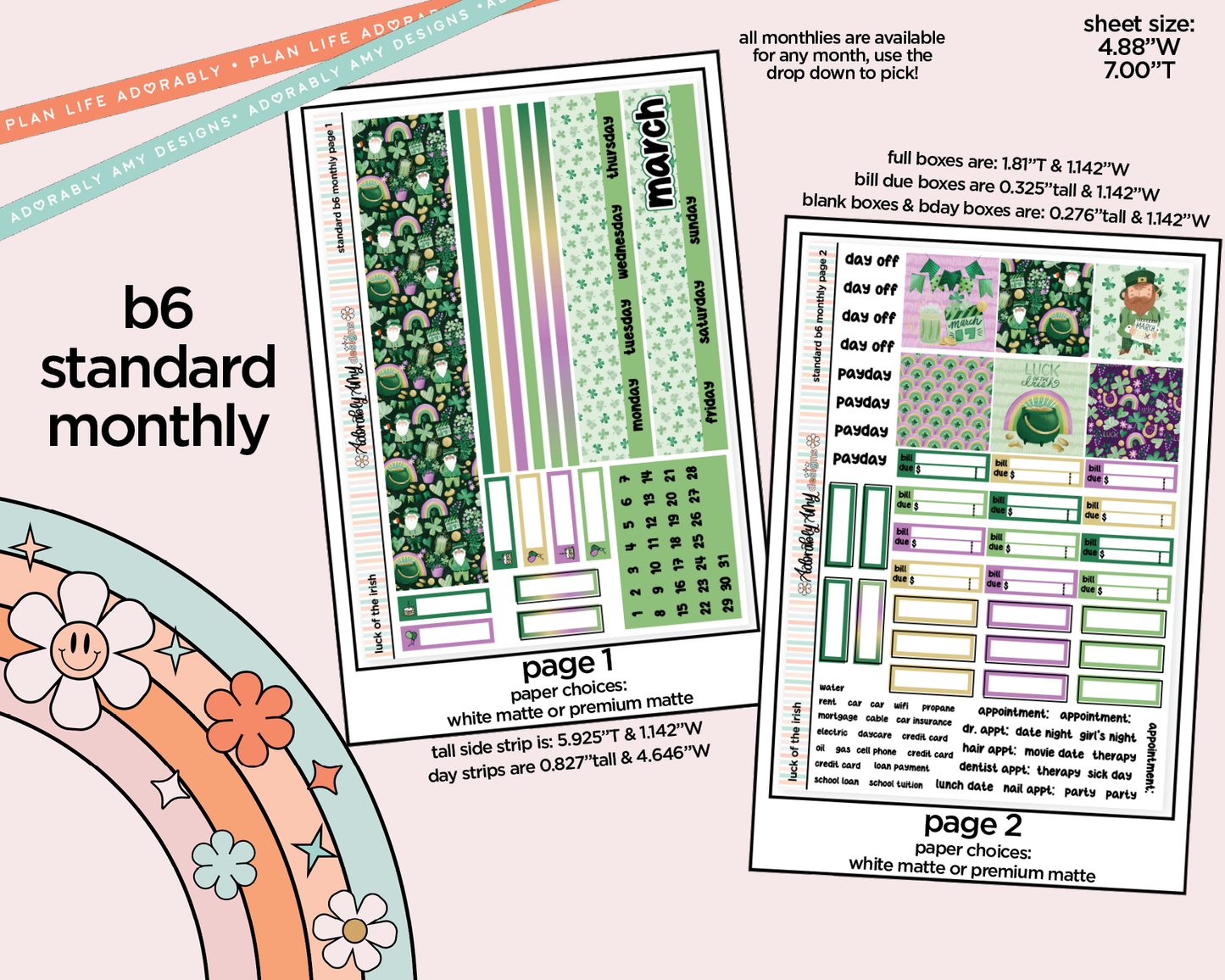 Standard B6 Monthly Pick Your Month Luck of the Irish Planner Sticker Kit for some B6 Planners