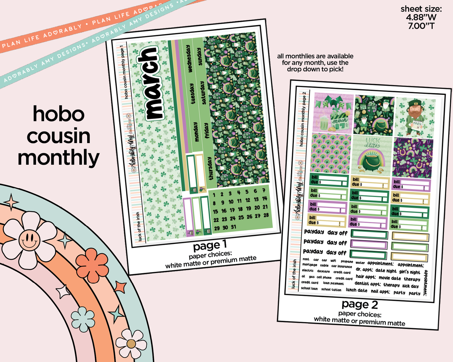 Hobonichi Cousin Monthly Pick Your Month Luck of the Irish Planner Sticker Kit for Hobo Cousin or Similar Planners