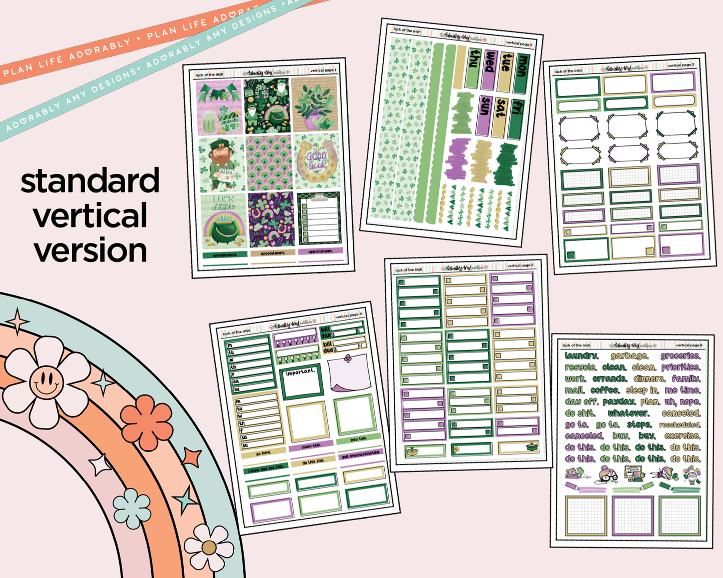 Vertical Luck of the Irish Weekly Sticker Kit for Vertical Standard Size Planners or Insert