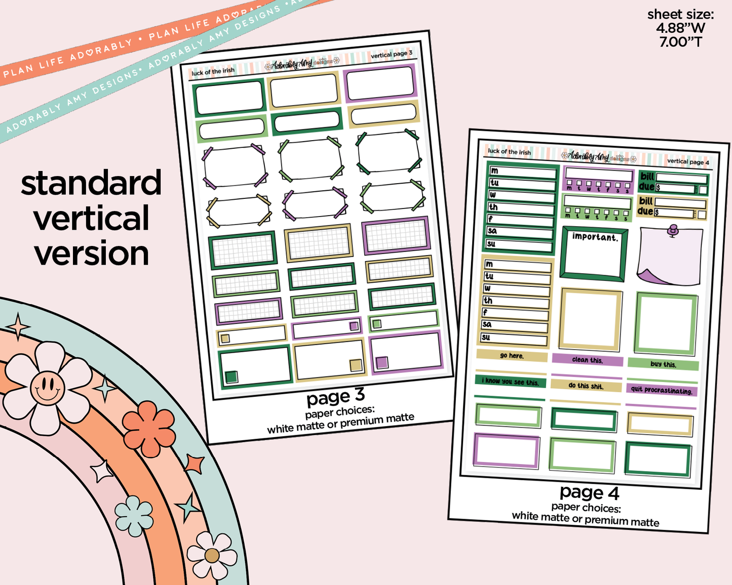 Vertical Luck of the Irish Weekly Sticker Kit for Vertical Standard Size Planners or Insert