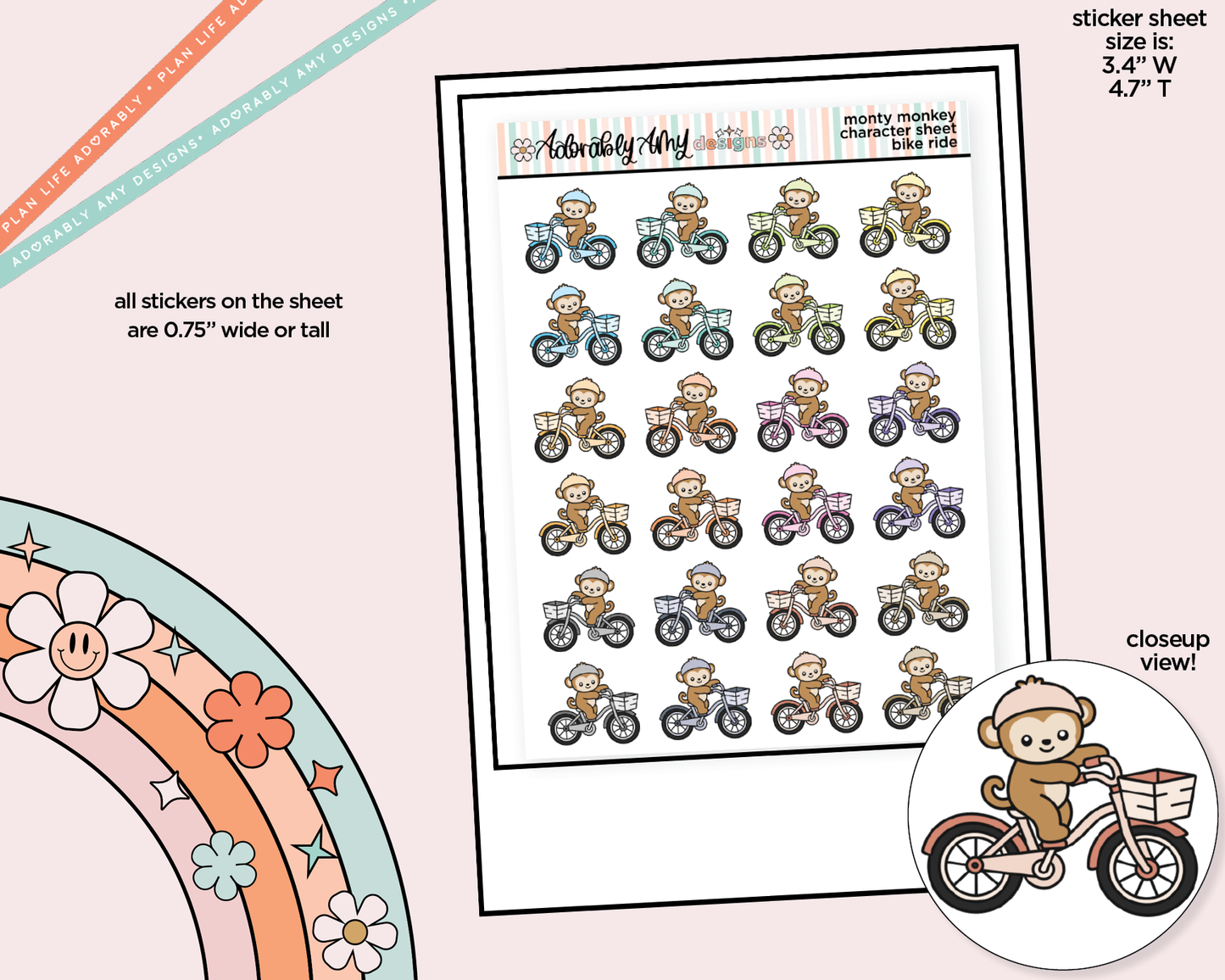 Monty the Monkey Bike Ride Decoration Character Planner Stickers