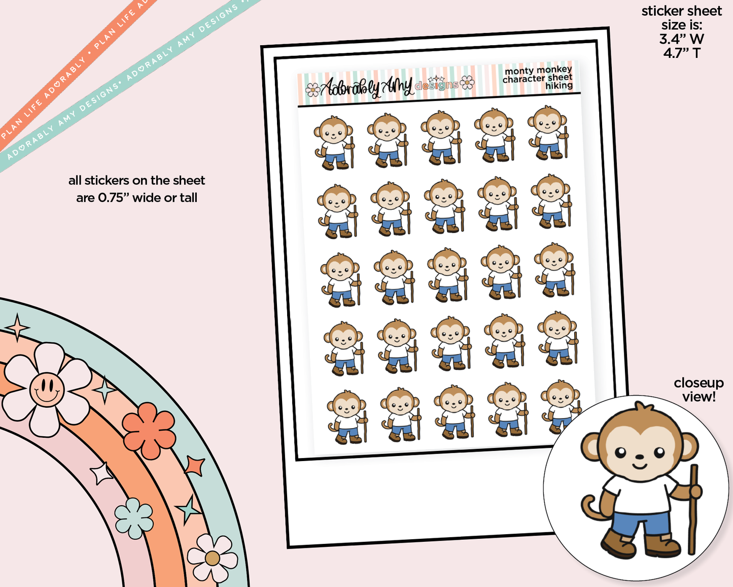 Monty the Monkey Hiking Decoration Character Planner Stickers