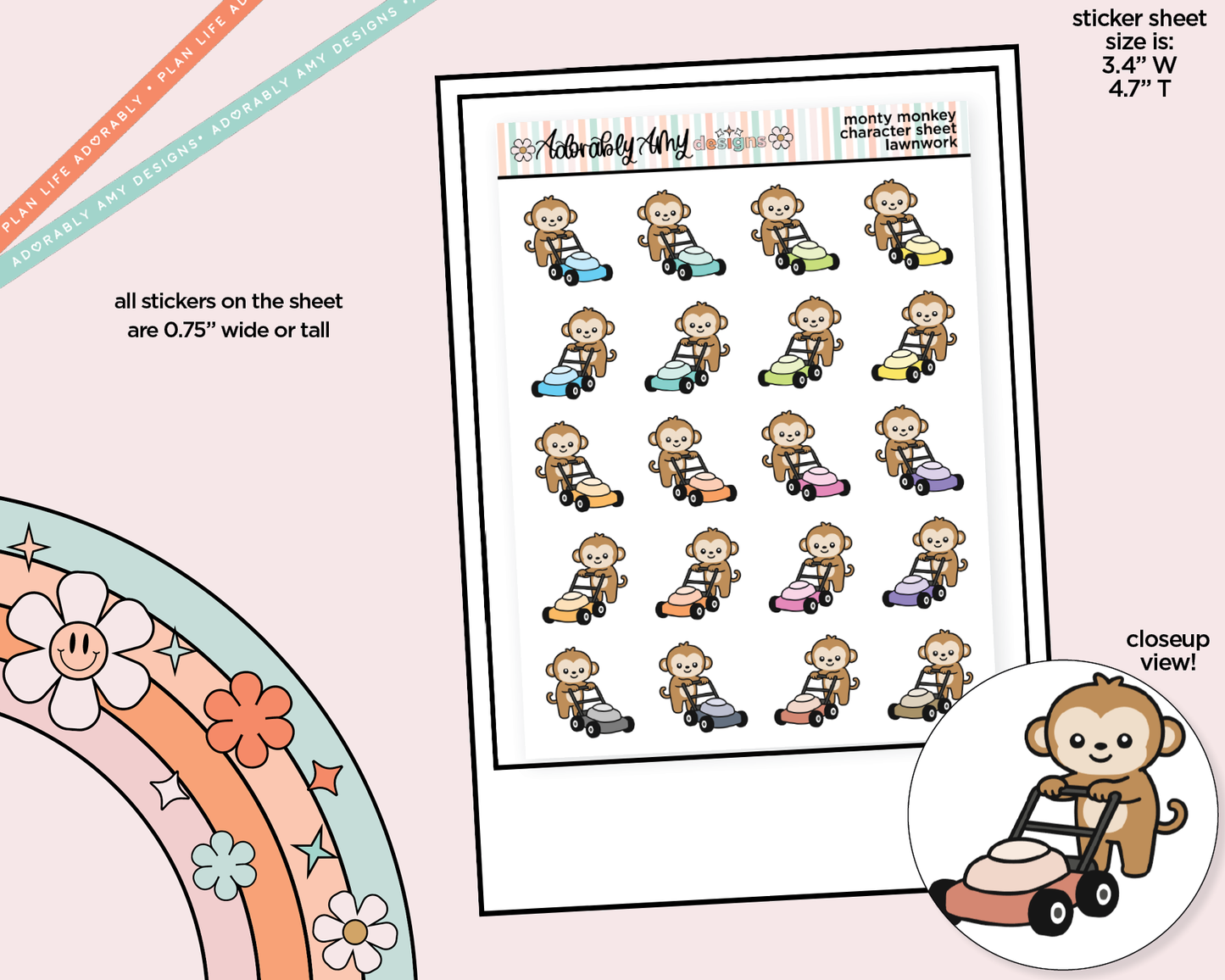 Monty the Monkey Lawnwork - Mow Lawn Decoration Character Planner Stickers