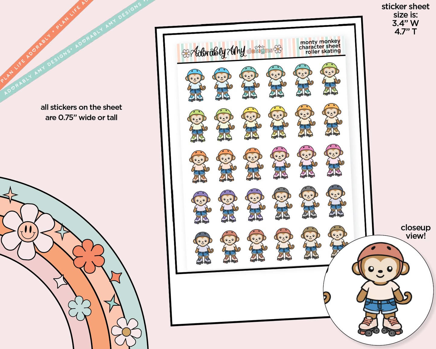 Monty the Monkey Roller Skating Decoration Character Planner Stickers
