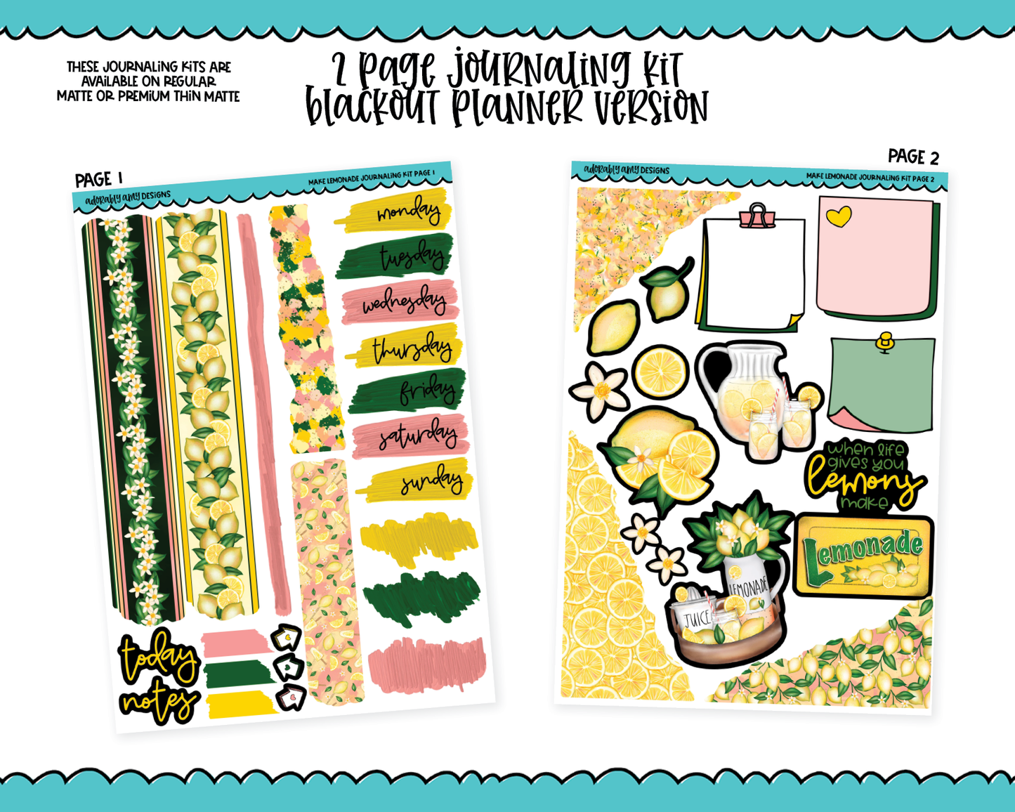 Journaling Kit Make Lemonade Themed Planner Sticker Kit in White OR Black for Blackout Planners