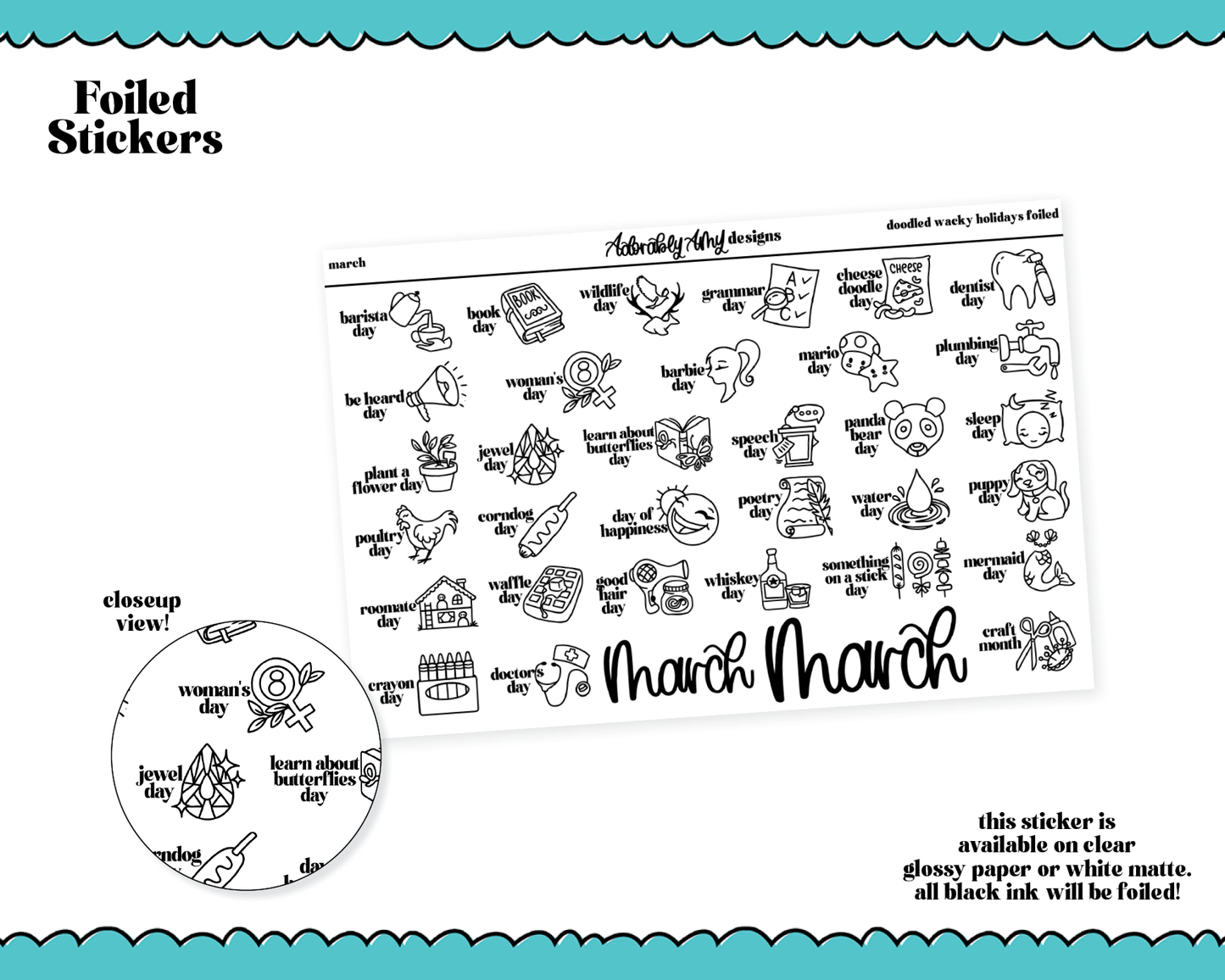 Foiled March Doodled Wacky Holidays Planner Stickers