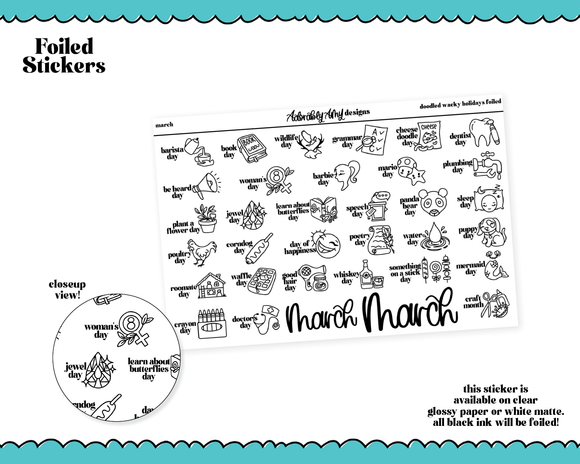 Foiled March Doodled Wacky Holidays Planner Stickers