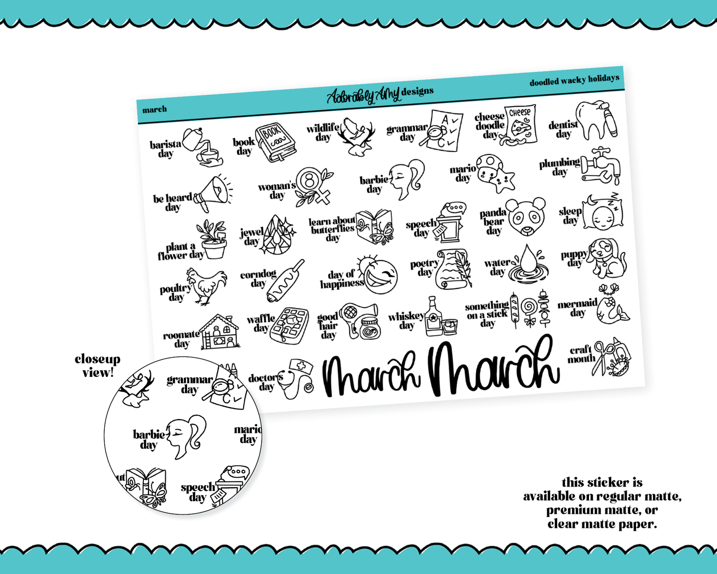 March Doodled Wacky Holidays Reminder Tracker Stickers for any Planner or Insert