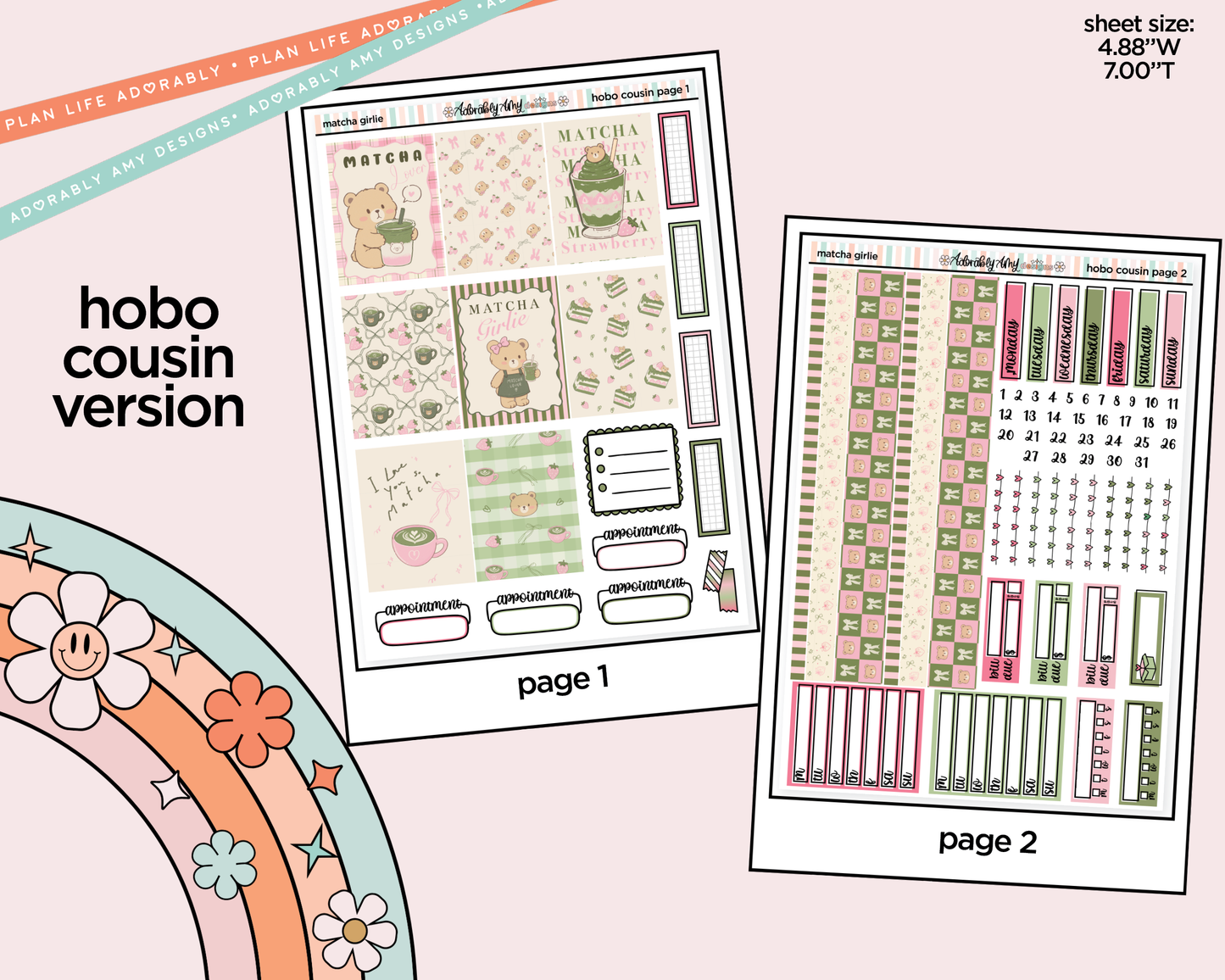 Hobonichi Cousin Weekly Matcha Girlie Planner Sticker Kit for Hobo Cousin or Similar Planners