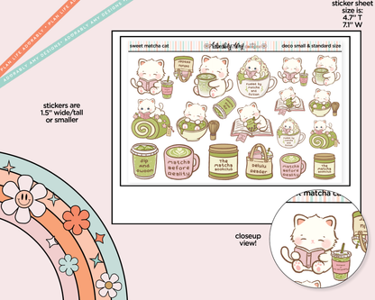 Sweet Matcha Cat Deco Stickers in 2 Sizes Decorative Planner Stickers