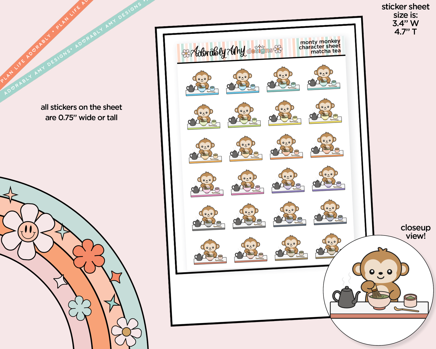 Monty the Monkey Matcha Tea Decoration Character Planner Stickers