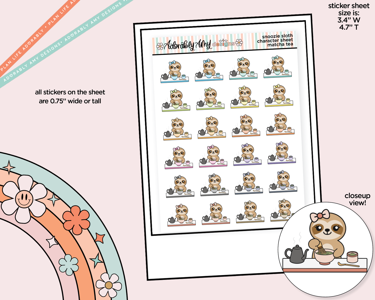 Snoozie Sloth Matcha Tea Decoration Character Planner Stickers