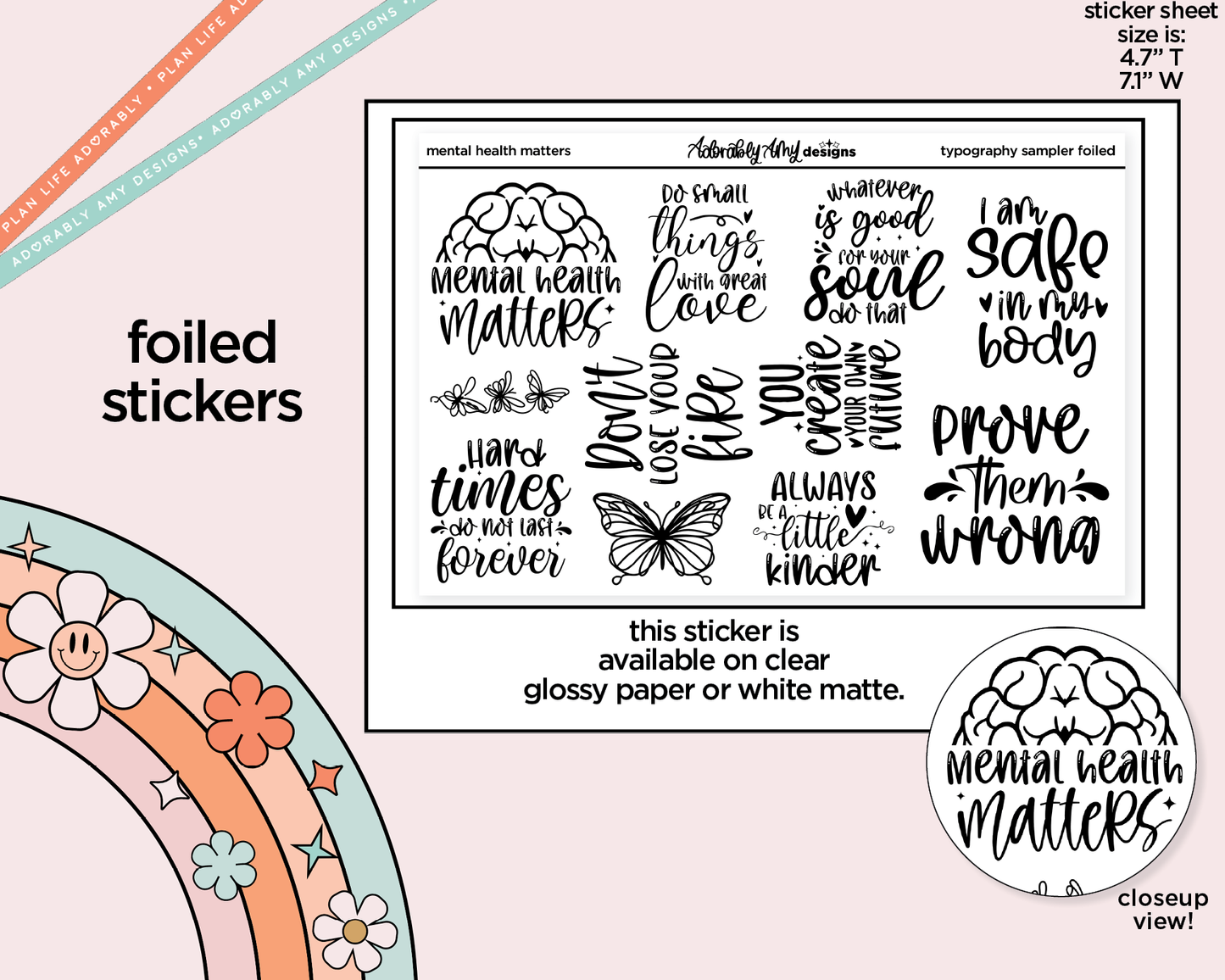 Foiled Mental Health Matters Deco Typography Sampler Planner Stickers