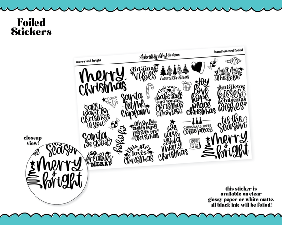 Foiled Hand Lettered Merry & Bright Christmas Typography Sampler Planner Stickers for any Planner or Insert
