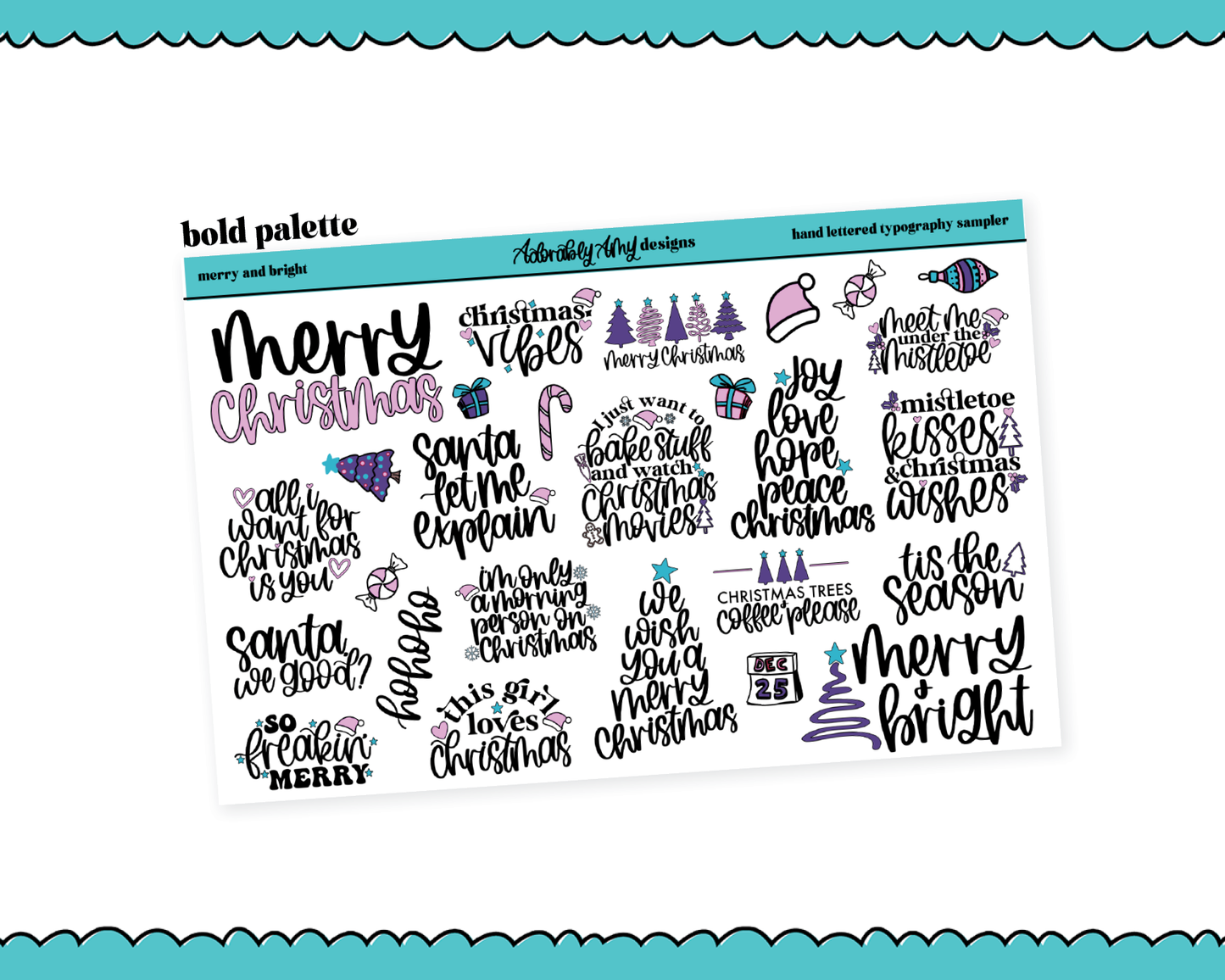 Hand Lettered Merry & Bright Typography Sampler Planner Stickers for any Planner or Insert