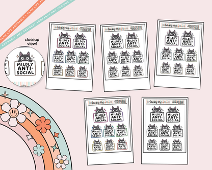 Rainbow or Black Mildly Anti-Social Cat Typography Planner Stickers - Adorably Amy Designs